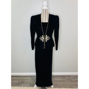 Vintage Patra Black Velvet Jeweled Blazer Skirt Set Womens 13/14 Formal Cruise